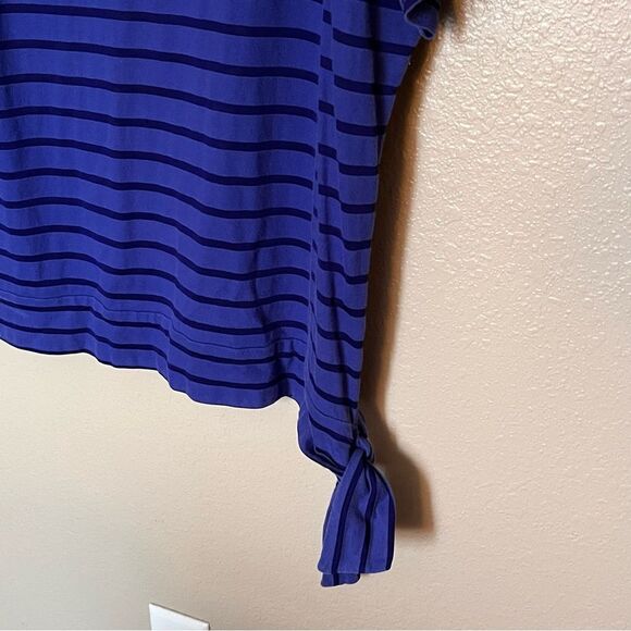 Chico's Black/Blue Striped Short Sleeve Pullover Shirt with Tie Hip Size 3 or XL - Picture 4 of 8